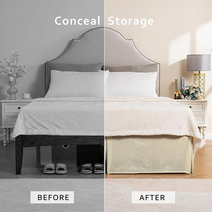 MIYE Pleated Waffle Weave Bed Skirt, Tailored Dust Ruffle 18 Inch Drop Easy Fit, Machine Washable,No Split Corners (Light Beige, Queen - 18" Drop)