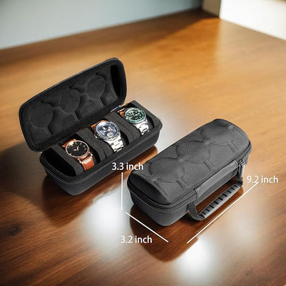 3 Slot Hard Watch Travel Case, Watch Roll Case Storage and Organizer for Men and Women, with anti-move watch pillow (Black fabric 3Slots)