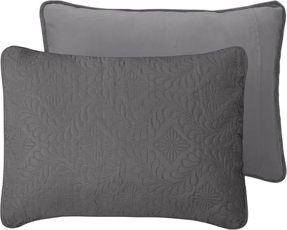Easy-Going King Size Reversible Quilt Set with 1 Quilt and 2 Pillow Shams, Soft Bed Quilt Cover, Water Resistant Lightweight Microfiber Bedspread, Stain Resistant, Olive Leaf-Gray/Light Gray