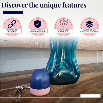 RING THING - Ring Holder Keychain, Jewelry Organizer and Storage, Portable Waterproof Ring Holder, Pill Box Keychain Container, Gym Accessory, and Travel Ring Case (Pink & Blue)