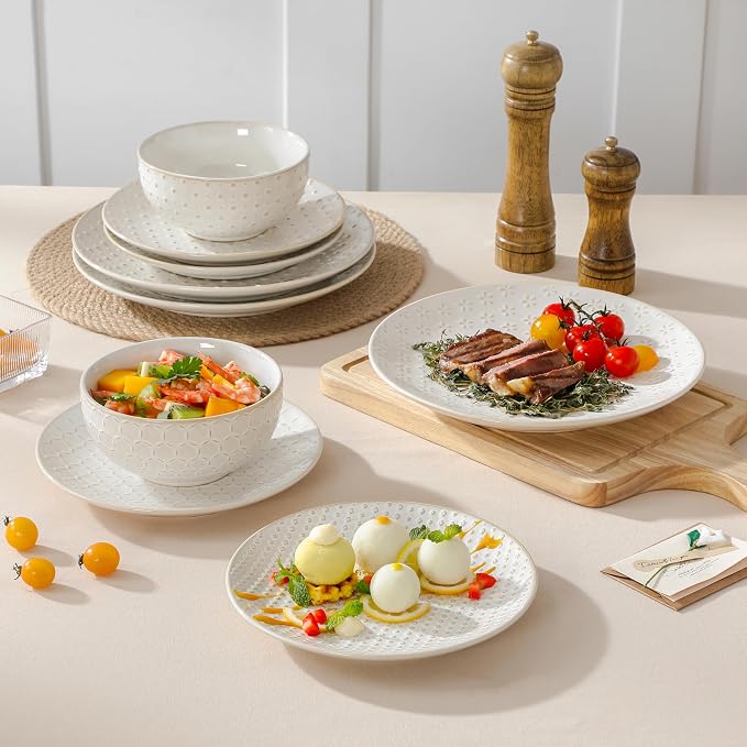MALACASA 12 Pieces Dinnerware Sets, Farmhouse Plates and Bowls Sets, Embossed