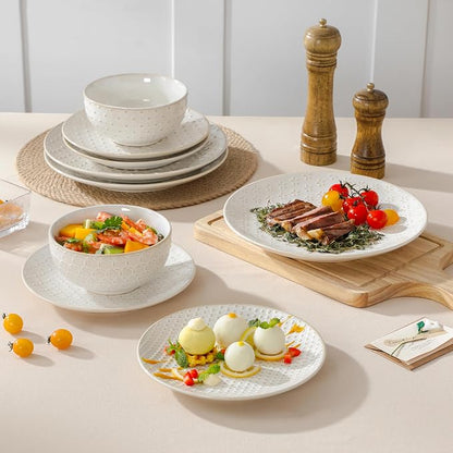 MALACASA 12 Pieces Dinnerware Sets, Farmhouse Plates and Bowls Sets, Embossed