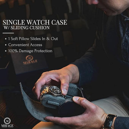 Single Watch Case - 1 Watch Travel Case Holder - Midnight Blue Swiss Motif Vegan Leather