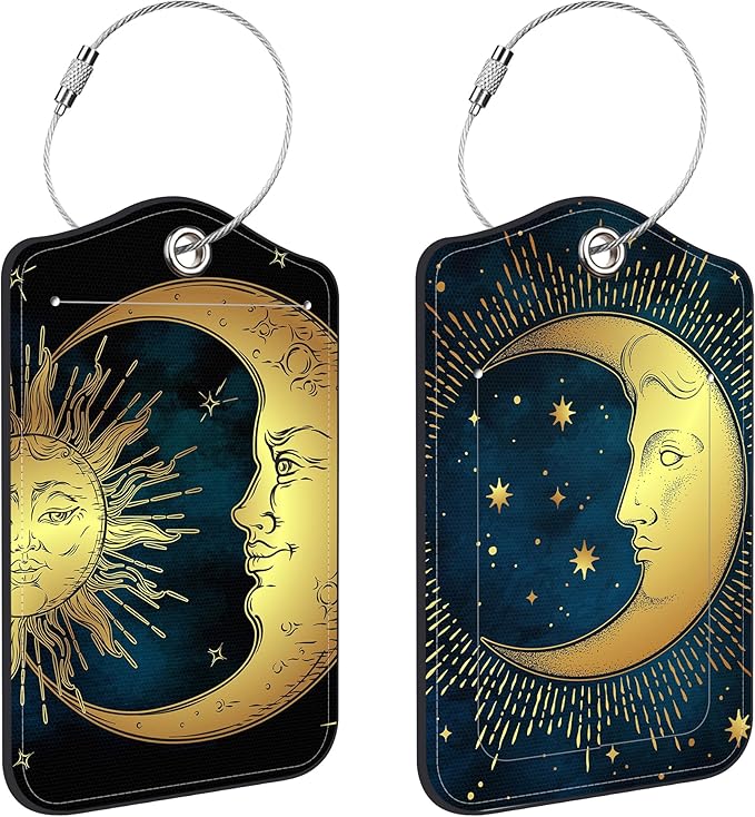 Moon Sun Star Luggage Tags for Suitcases Astrology Phases Leather Travel Tags for Luggage ID Label with Privacy Cover and Stainless Steel Loop for Men Women Suitcase Backpack, Set of 2