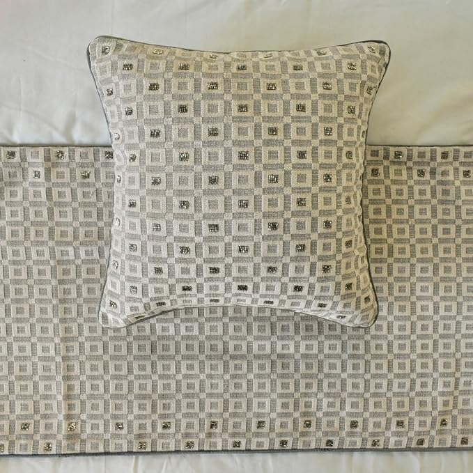 The HomeCentric King/Queen/Twin Grey Decorative Twin 53"x18" Bed Runner with Pillow Cover, Checkered, Beaded, Hand Embroidery Bed Scarf on Velvet Fabric - The Brick Effect