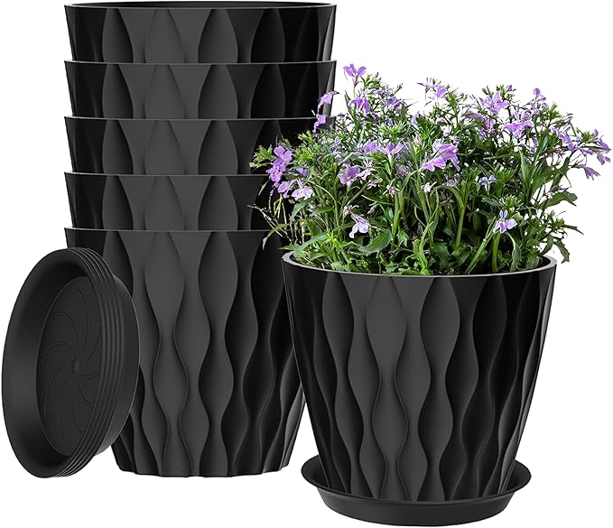 6 Pack 7 Inch Plant Pots with Drainage and Saucers, Stackable Nursery Planters