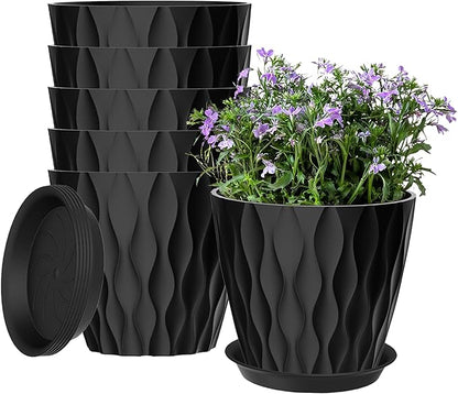 6 Pack 7 Inch Plant Pots with Drainage and Saucers, Stackable Nursery Planters