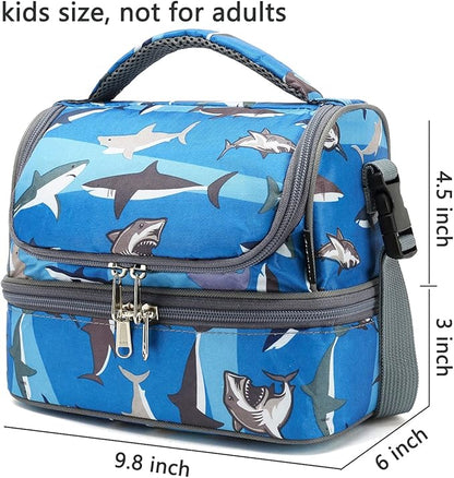 FlowFly Kids Double Decker Cooler Insulated Lunch Bag Large Tote for Boys, Girls, Men, Women, With Adjustable Strap, Shark