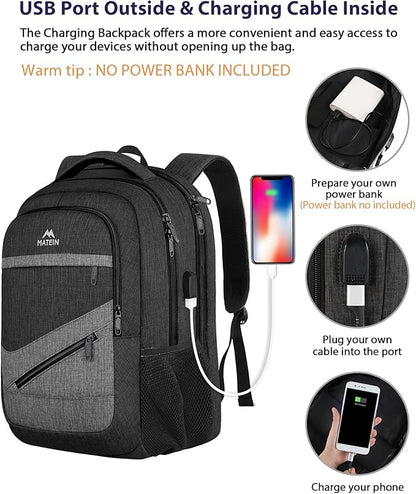 MATEIN 17 Inch Backpack for Men, Professional Work Office Laptop Backpack with USB Charging Port & Trolley Sleeve, Water Resistant Large College Daypack Travel Carry On, Black Grey