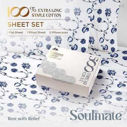 Mayfair Linen 100% Cotton Printed Bed Sheets Twin Size Set - 500 Thread Count Cotton Twin XL Sheets for Dorm Room, 3 PC Set (Floral Blue Print), Soft, Cooling, Sateen Weave 16" Deep Pocket Bedsheet