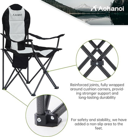 Camping Chairs for Heavy People, Folding Chairs for Outside Outdoor Folding Chairs with Cup Holder & Cooler Bag, Camp Chairs Supports up to 500lbs(2 PC, Black White)