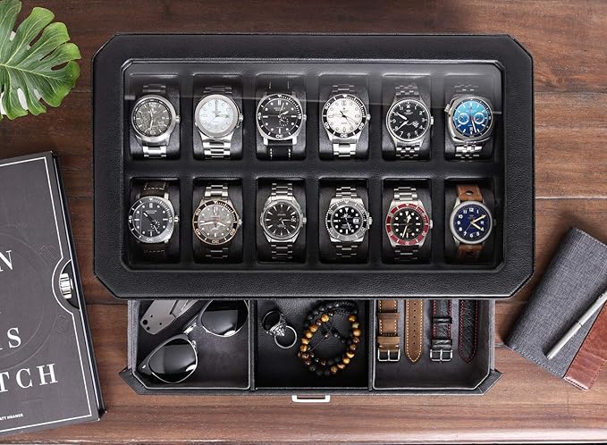 ROTHWELL 12 Slot Leather Watch Box with Valet Drawer - Luxury Watch and Jewelry Case Display Organizer, Microsuede liner, Mens Locking Storage Holder Large Glass Top (Black/Grey)