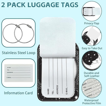 2 Pack Cute Luggage Tag for Suitcases Crescent Moon Leather Luggage Tags with Stainless Steel Loop Privacy Flap Name Tags,Men and Women Travel Bag Suitcase Tags