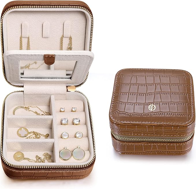 S.Leaf Travel Jewelry Box - Portable Case for Women - Mini Jewelry Organizer (12 Pattern Crocodile Brown 01)