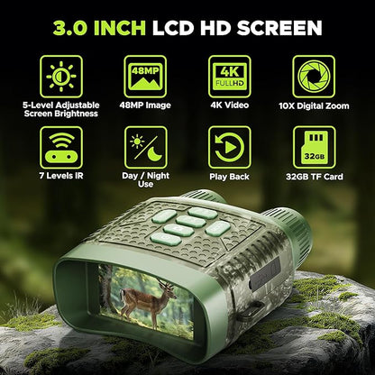 Night Vision Goggles, 4K Night Vision Binoculars, 3'' HD Screen & 10X Digital Zoom, 5000mAh Battery and 32GB TF Card, 1500FT Viewing Range for Camping & Security