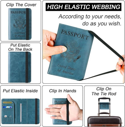 Passport Holder Cover Wallet Travel Essentials Leather Rfid Blocking Case Vacation Luggage Must Haves Travel Accessories for Men Women (116#Blue)