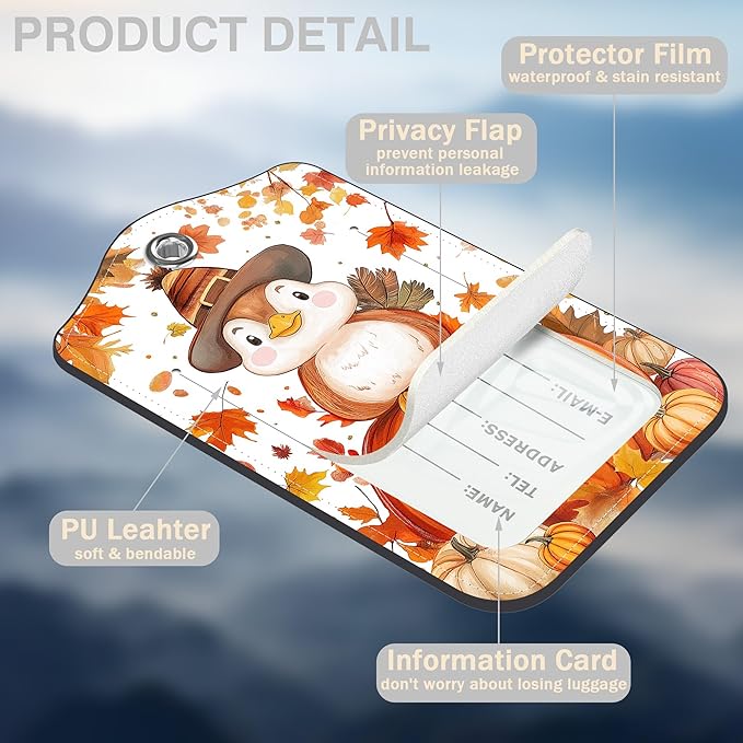 2 Pcs Cartoon Turkey and Pumpkin Luggage Tags for Suitcases Autumn PU Leather Baggage Tags Name ID Label with Privacy Cover and Stainless Steel Loop for Men Women Travel Bag Suitcase
