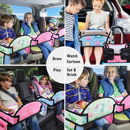 Kids Travel Tray, 3PCS Car Seat Tray for kids Travel, Toddler Road Trip Essentials With Drawing Kit, Toddler Lap Desk Organizer for Car, Carseat Table for Airplane