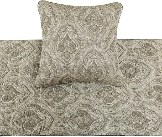 The HomeCentric King/Queen/Twin Grey Decorative King 90"x18" Bed Runner Without Pillow Cover, Quilted, Damask& Gold Zari Embroidery Bed Scarf on Silk Fabric - Winifred