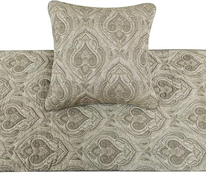 The HomeCentric King/Queen/Twin Grey Designer Full 68"x18" Bed Runner Without Pillow Cover, Quilted, Damask& Gold Zari Embroidery Bed Scarf on Silk Fabric - Winifred