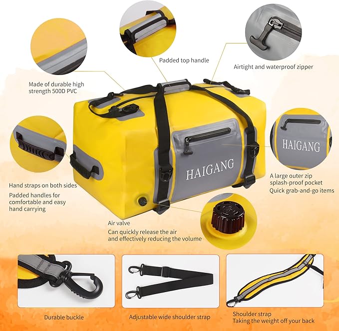 110L Waterproof Duffel Bag Heavy Duty Dry Bag Outdoors Large Storage Sack Zipper Marine Duffle Motorcycle Luggage,Strap Adjustable for Kayaking,Boating,Camping,Beach Rafting Fishing Yellow