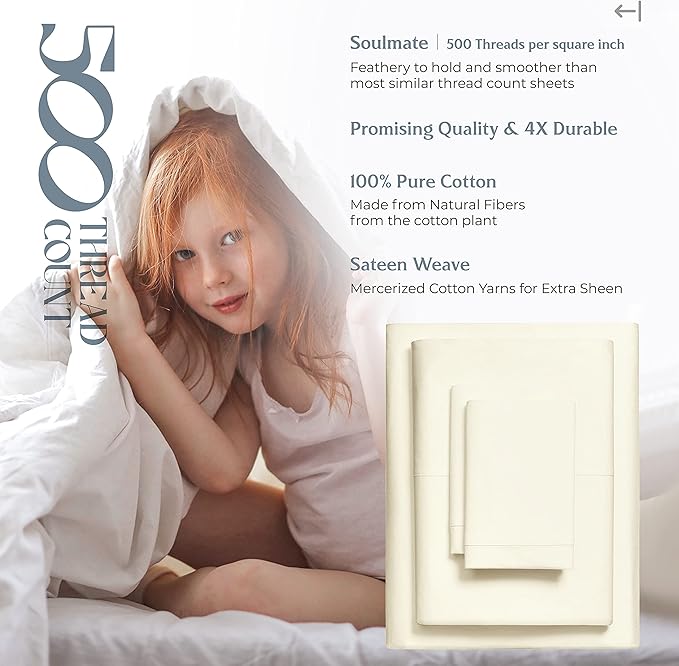 Mayfair Linen 100% Cotton Bed Sheets California King Sheet Set - 500 Thread Count Sheets Cal King Size 4 PC Set (Ivory), Soft, Cooling, 16" Deep Pocket Sateen Weave Cotton Bedsheet for Hot Sleepers