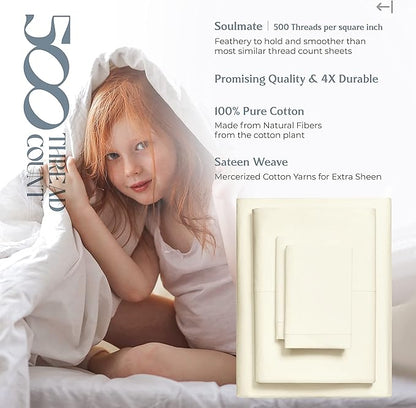 Mayfair Linen 100% Cotton Bed Sheets California King Sheet Set - 500 Thread Count Sheets Cal King Size 4 PC Set (Ivory), Soft, Cooling, 16" Deep Pocket Sateen Weave Cotton Bedsheet for Hot Sleepers