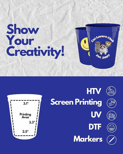 PartyPrints 100 Pack 16 oz Royal Blue Reusable Blank Plastic Cups, Stadium Cups