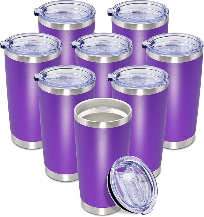 20 oz Tumbler Coffee Tavel Tumblers Bulk with Lid Stainless Steel Double Wall Vacuum Insulated Mug Powder Coated Cups fit Car Cupholder for Hot and Cold - Purple, 8Pack