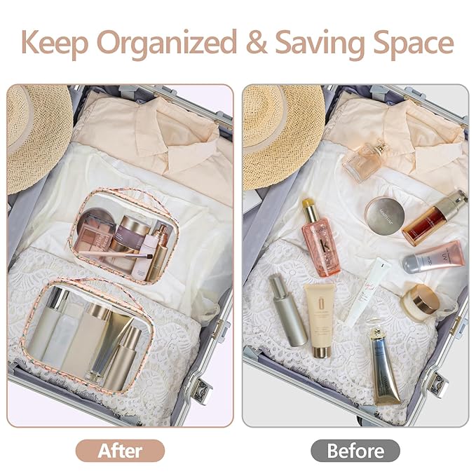 PACKISM Clear Makeup Bag - 2 Pack TSA Approved Toiletry Bag with Handle and 180° Large Opening, Clear Toiletry Bag Fit Carry-on Travel Essential, Travel Bags for Toiletries, Nude Pink Ditsy Floral
