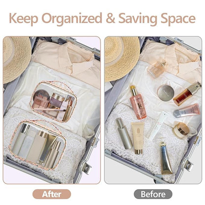 PACKISM Clear Makeup Bag - 2 Pack TSA Approved Toiletry Bag with Handle and 180° Large Opening, Clear Toiletry Bag Fit Carry-on Travel Essential, Travel Bags for Toiletries, Nude Pink Ditsy Floral