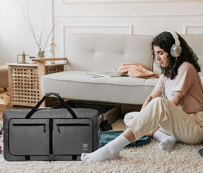 Bago Large Foldable Duffel Bags for Traveling Women & Men - 80L Packable Duffle Bag for Travel with Shoe Compartment - Water Repellant, Heavy Duty, Lightweight Folding & Collapsible (SnowBlack)