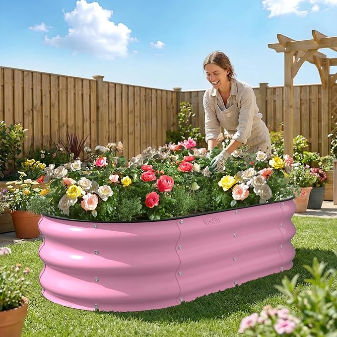 Kesfitt Raised Garden Bed, Oval Open-Bottom Design, 12-Inch Deep