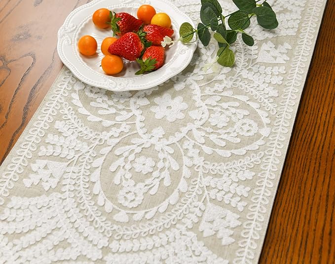 KEVA Boho Table Runner 54inches Long, Farmhouse Rustic Vintage White Embroidered Table Runners 13x54 Inch for Dining Table Decorations