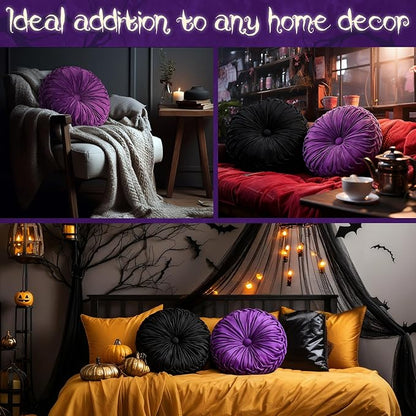 2 Pcs Round Throw Pillows 15 Inch Decorative Velvet Pleated Pumpkin Floor Boho Pillows for Living Room Couch Chair Bed Sofa (Black and Purple)