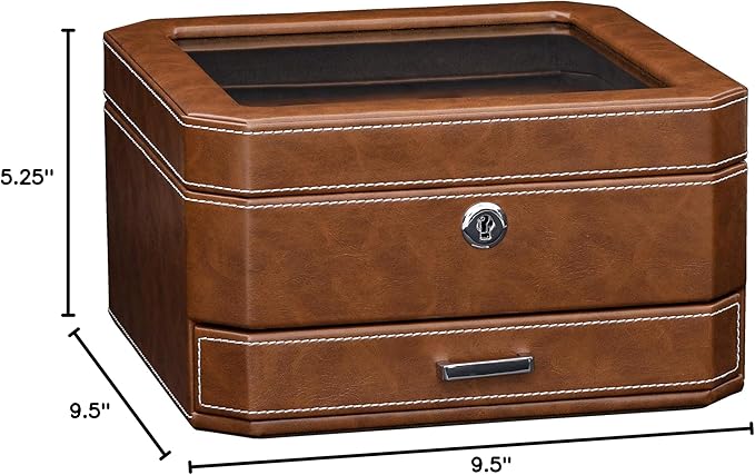 ROTHWELL 6 Slot Leather Watch Box with Valet Drawer - Luxury Case Display Organizer, Microsuede Liner, Locking Mens Jewelry Watches Holder, Men's Watch Storage Large Glass Top (Tan/Brown)