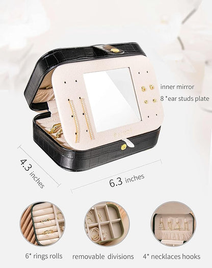S.Leaf Travel Jewelry Organizer Travel Jewelry Boxes for Women Small Jewelry Travel Case Box Portable Travel Jewelry Case Travel Case Mini Jewelry (14_Crocodile_Black_Big)