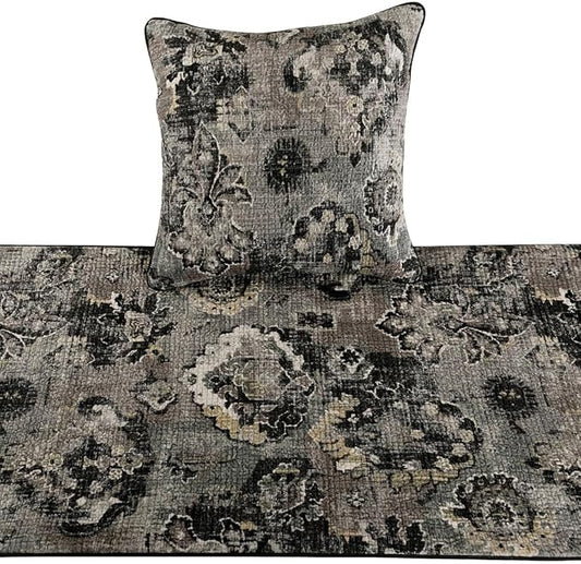 The HomeCentric Luxury Black & Grey Queen 74 x 18 inch Bed Runner with 2 Pillow Cover, Velvet Damask with Tassels Bed Scarf, Abstract Modern - Paved Damask