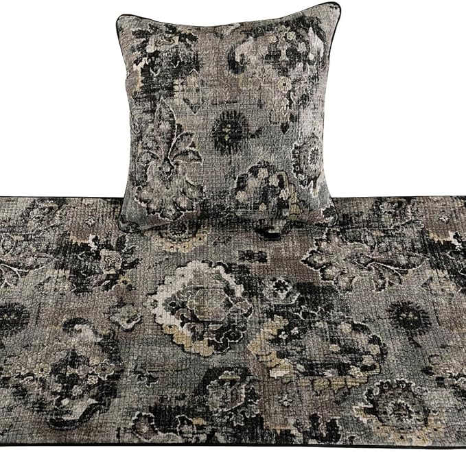 The HomeCentric Designer Black & Grey King 90 x 18 inch Bed Runner with 2 Pillow Cover Set, Velvet Damask with Tassels Bed Scarf, Abstract Modern - Paved Damask