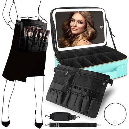 MOMIRA Travel Cosmetic Train Case with Lighted Mirror 3 Color Scenarios Cosmetic Bag Organizer with Adjustable Dividers Makeup Storage for Women, Makeup Accessories & Tools Case Aqua Blue