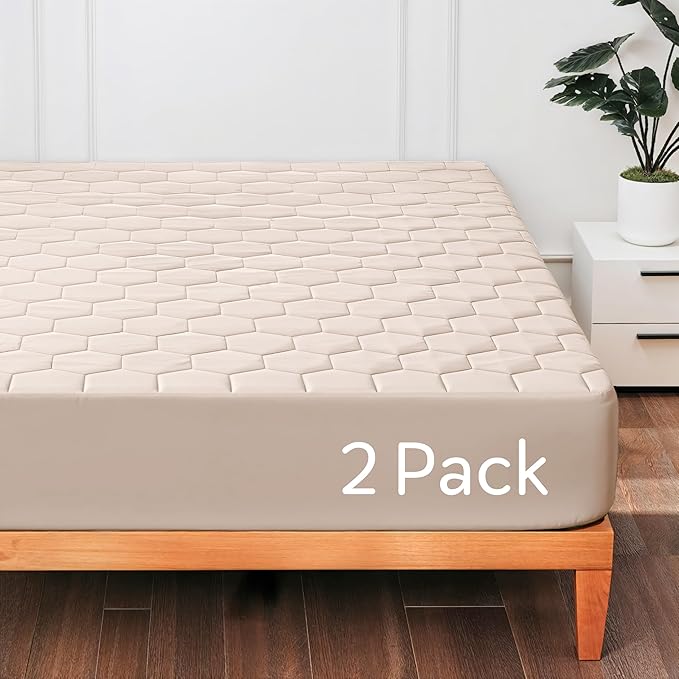 Hearth & Harbor 2 Pack Twin Size Quilted Fitted Mattress Pad Cover, 100% Waterproof Mattress Protectors, Deep Pocket Fitted Mattress Cover 8" - 21" (39" x 75", Beige Cream)