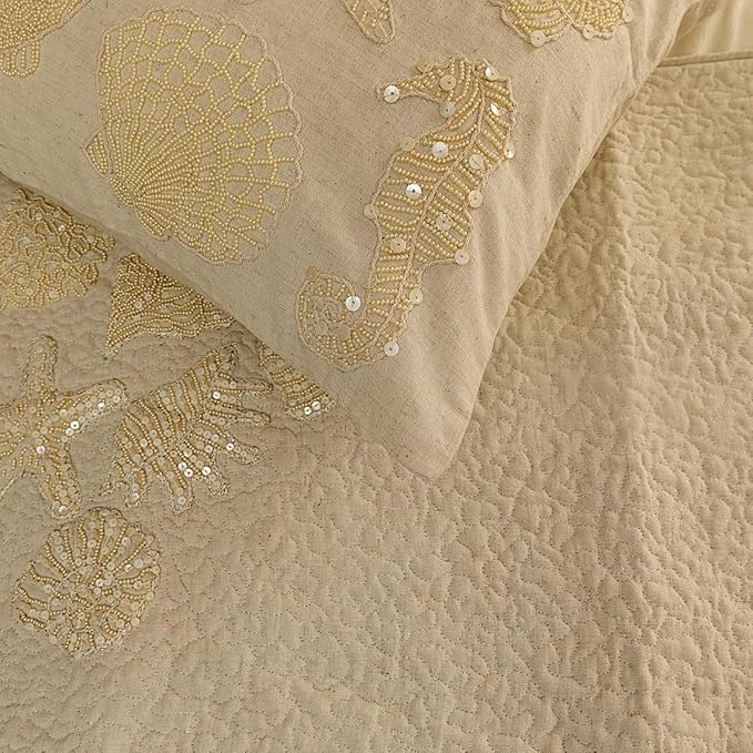 The HomeCentric King Queen Twin Beige Handmade King 90"x18" Bed Runner with Pillow Cover, Pearl Embroidery Bed Scarf on Linen Fabric - Off to The Sea