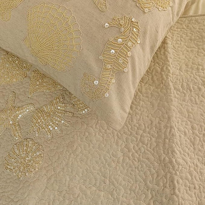 The HomeCentric King Queen Twin Beige Handmade King 90"x18" Bed Runner with Pillow Cover, Pearl Embroidery Bed Scarf on Linen Fabric - Off to The Sea