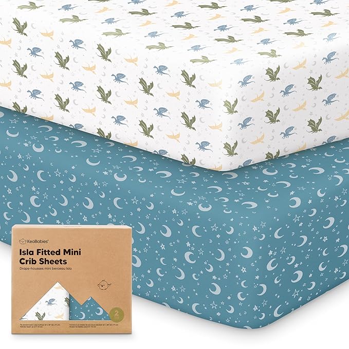 Pack and Play Sheets Fitted - 2-Pack Mini Crib Sheets for Pack N Play Mattress 38x26, Soft & Cozy, Neutral Toddler Playard Bedding, Snug Fitted Mini Baby Crib Mattress Cover Boy, Girl (Dragon Tale)