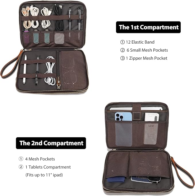 LANNSYNE Full Grain Leather Travel Cable Accessories Bag, Electronic Organizer Carry Case Double Layer Storage Case for Cables, Charger, Phone, Power Bank
