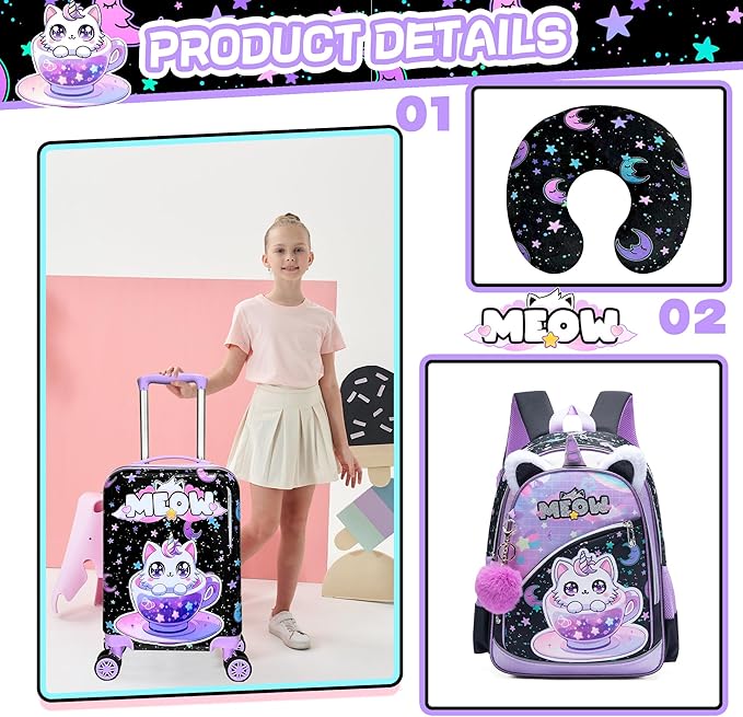 Kid's Luggage Set 5 Piece Suitcase Set 16' Hardside Spinner Wheels Girls Carry On Toddler Travel Rolling Airline Approved
