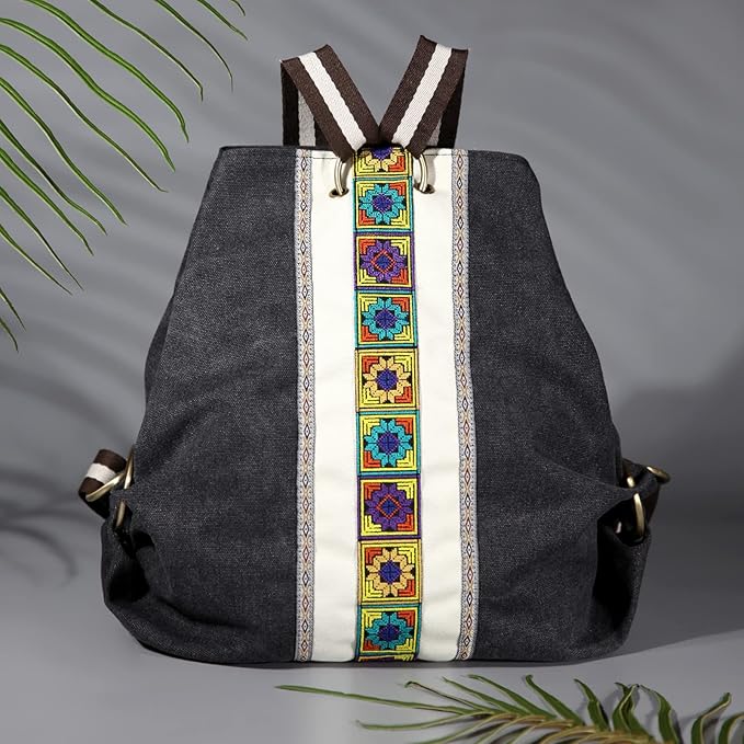 Goodhan Women Canvas Backpack Daypack Casual Shoulder Bag, Vintage Heavy-duty Anti-theft Travel Backpack Grey Black 2