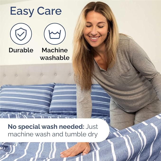 Full Size 4 Piece Sheet Set - Comfy Breathable & Cooling Bed Sheets Set - Hotel Luxury Bedding for Women, Men, Kids, Teens, Boys & Girls - Deep Pockets, Soft, Wrinkle Free - Oeko-Tex - Blue Stripes 3