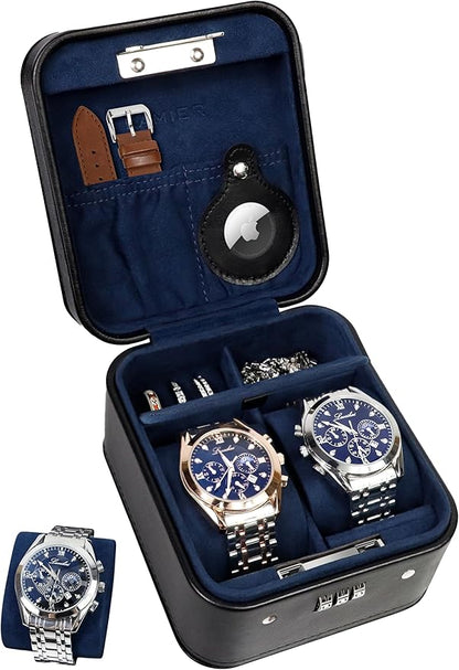 KAMIER Watch Travel Case with Combination Lock - 2 Watch Storage and Jewelry Organizer - Watch Case for Ring and Watch Storage, PU Leather Travel Watch Case, Ideal for Gift (With Gift Box) (Black)