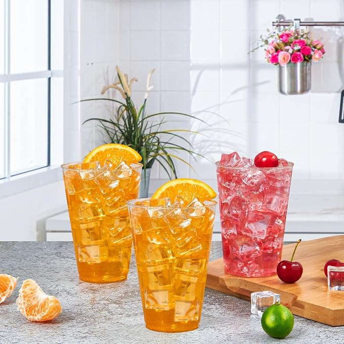 Vplus 100 Pack 14 OZ Gold Glitter Disposable Plastic Cups Glasses